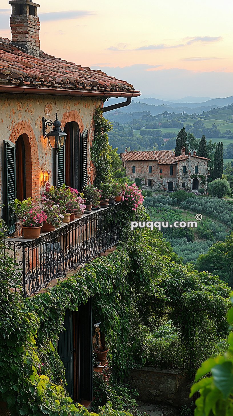 A rustic Mediterranean house with a tiled roof, ivy-covered walls, and a balcony adorned with potted flowers overlooks a picturesque countryside landscape with rolling hills.