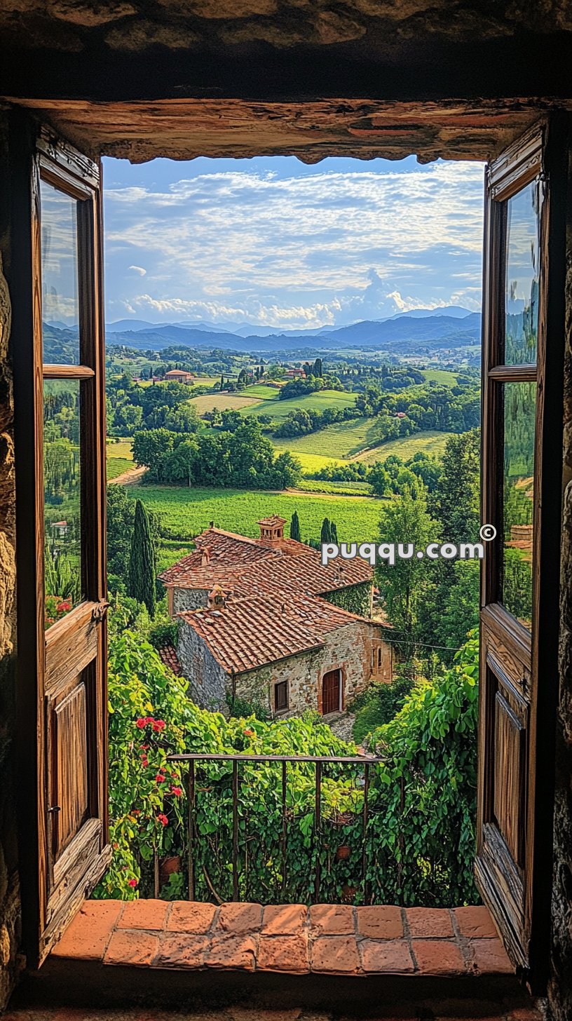 View of countryside through an open wooden window, featuring a stone house with a red-tiled roof and lush greenery, with mountains in the background.