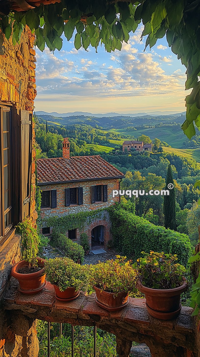 Stone house with red-tiled roof and green shutters, surrounded by lush greenery, with distant rolling hills under a partly cloudy sky, viewed through leafy vines.