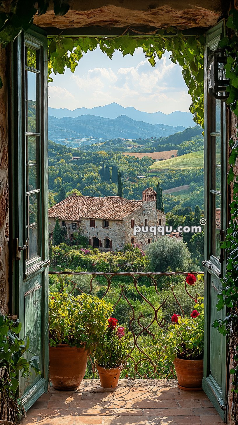 View of a rustic stone building with a terracotta roof and the lush, rolling hills of the countryside through an open doorway adorned with green vines and potted plants.