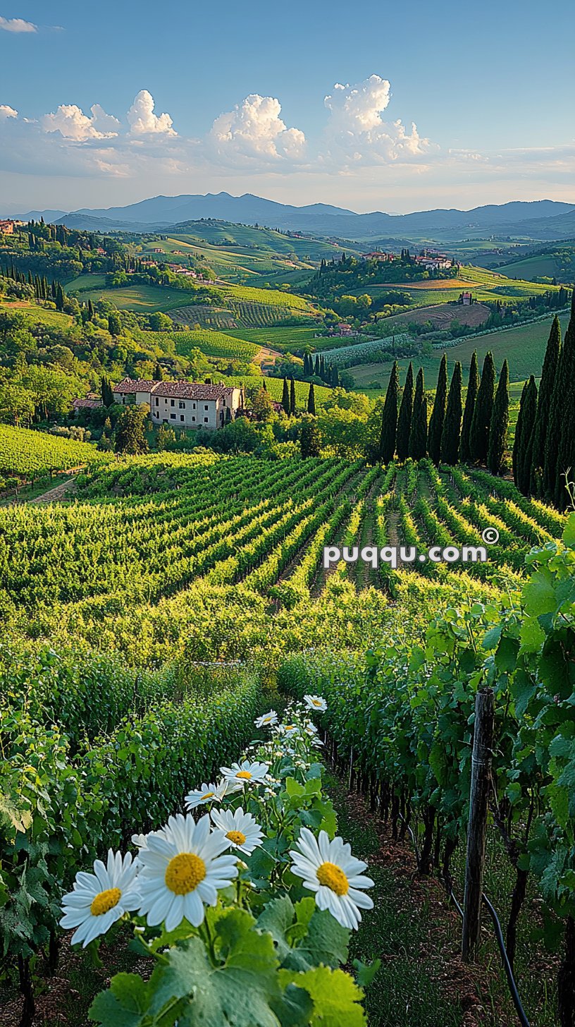 Scenic view of rolling vineyard hills with an old farmhouse, daisy flowers in the foreground, and cypress trees under a blue sky with clouds.