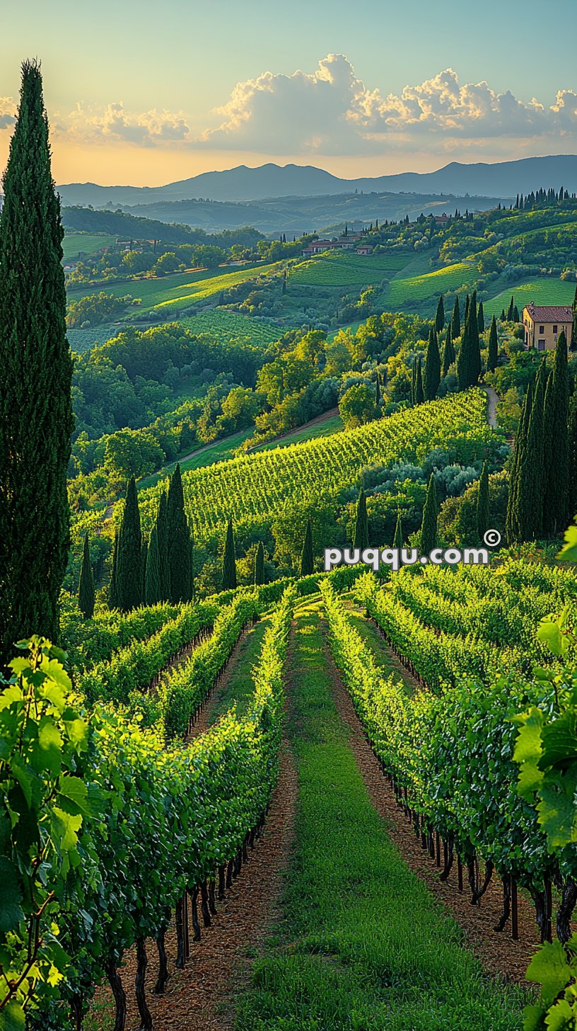 A lush, rolling vineyard landscape at sunset with rows of grapevines, tall cypress trees, and distant hills under a partly cloudy sky.