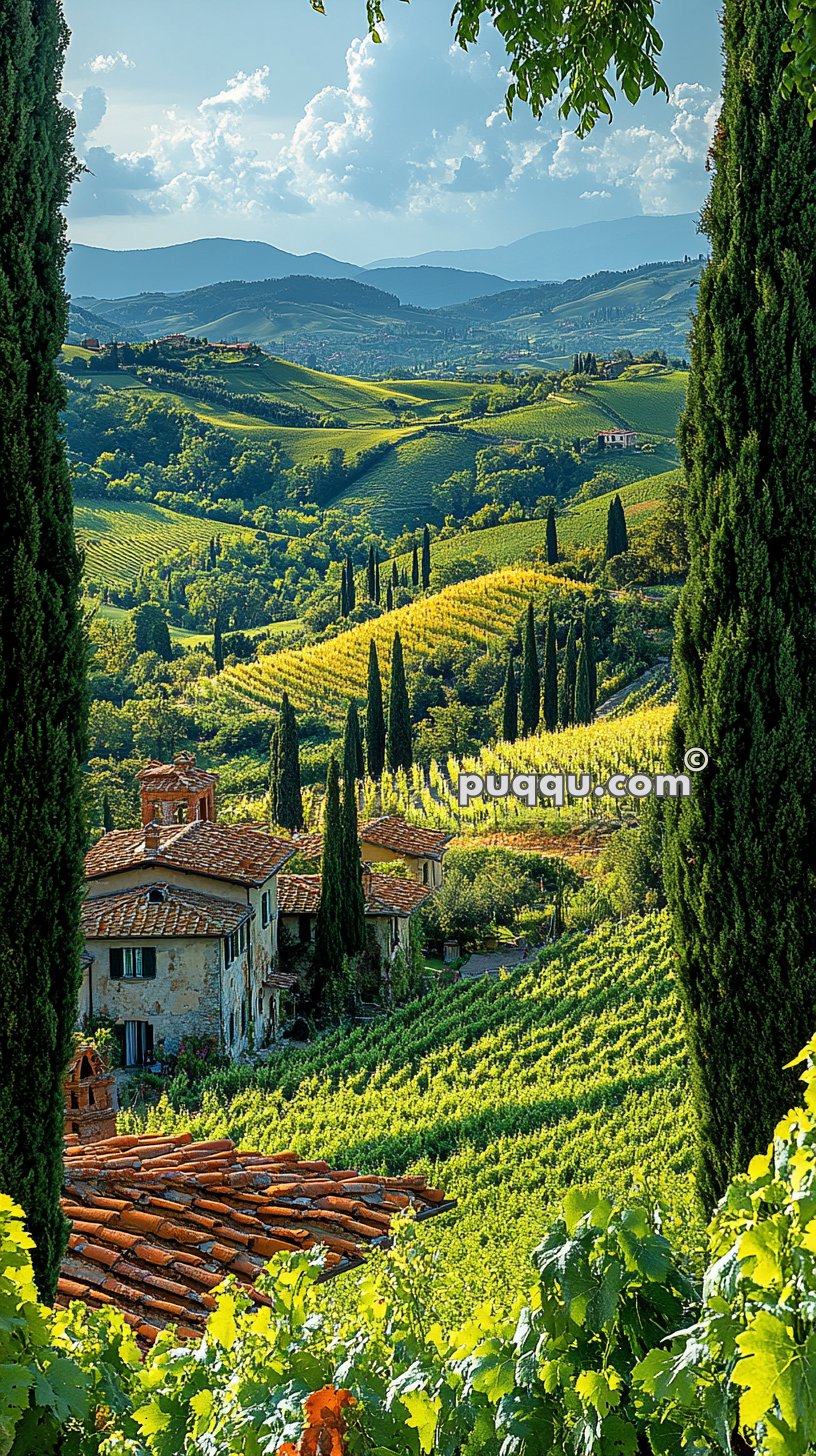 Scenic view of a countryside landscape with rolling green hills, rows of vineyards, and rustic houses with terracotta roofs, framed by tall cypress trees.