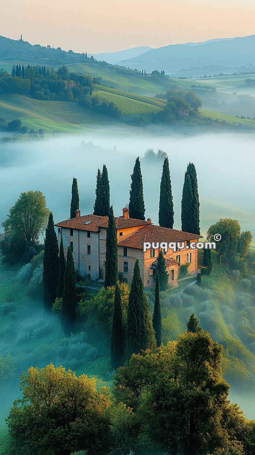 Aerial view of a rustic Italian villa surrounded by tall cypress trees and mist-covered rolling hills.