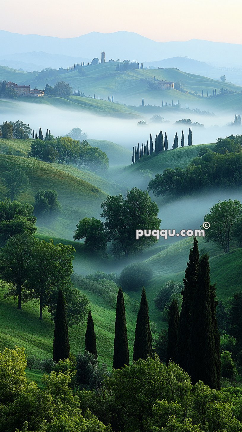 Rolling green hills with scattered trees and columnar cypress trees, shrouded in morning mist, with a distant tower and farmhouses in the background.