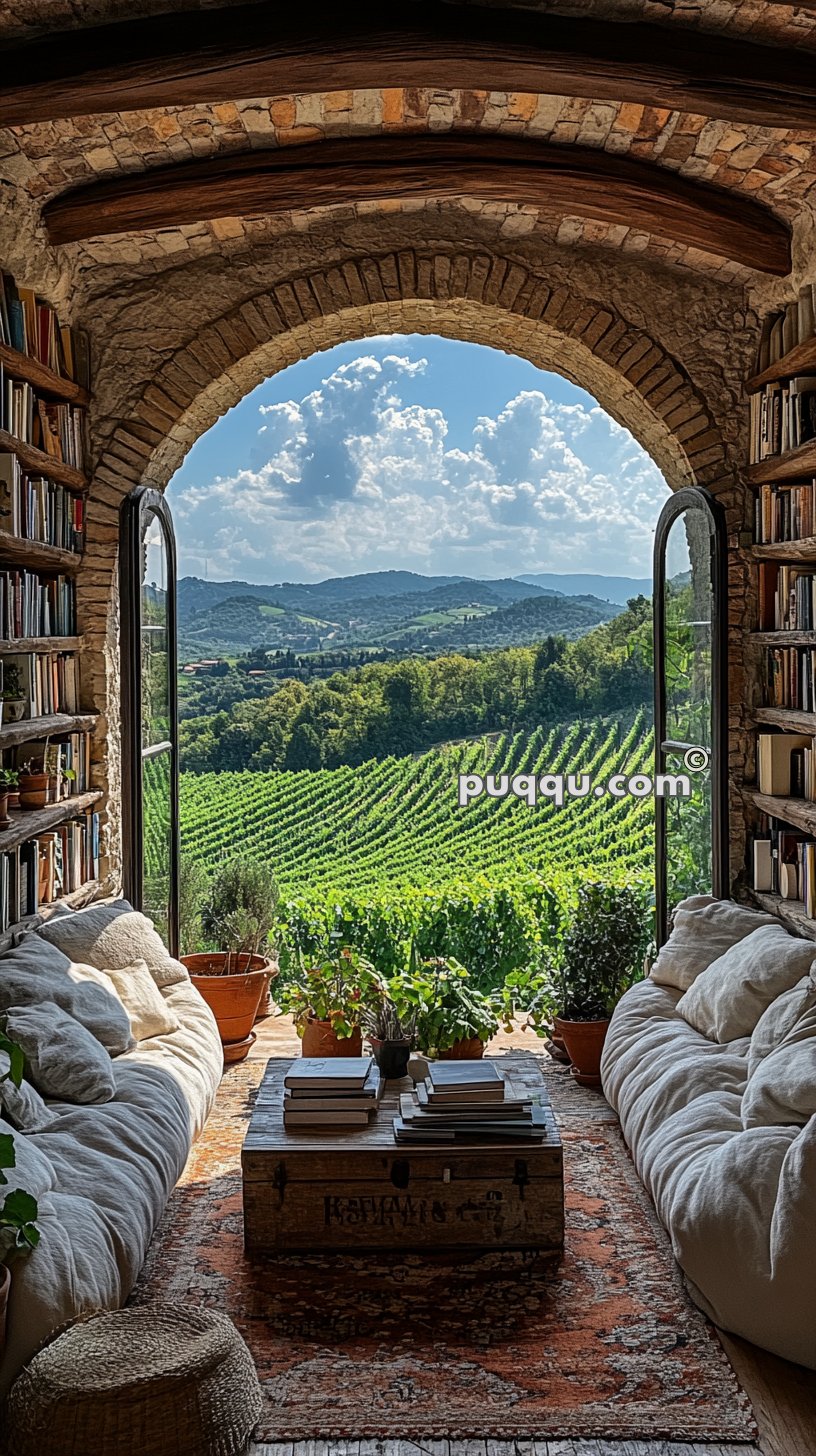 Cozy room with bookshelves, cushioned seating, potted plants, and a coffee table with books, opening to a scenic view of a vineyard and rolling hills under a blue sky with clouds.