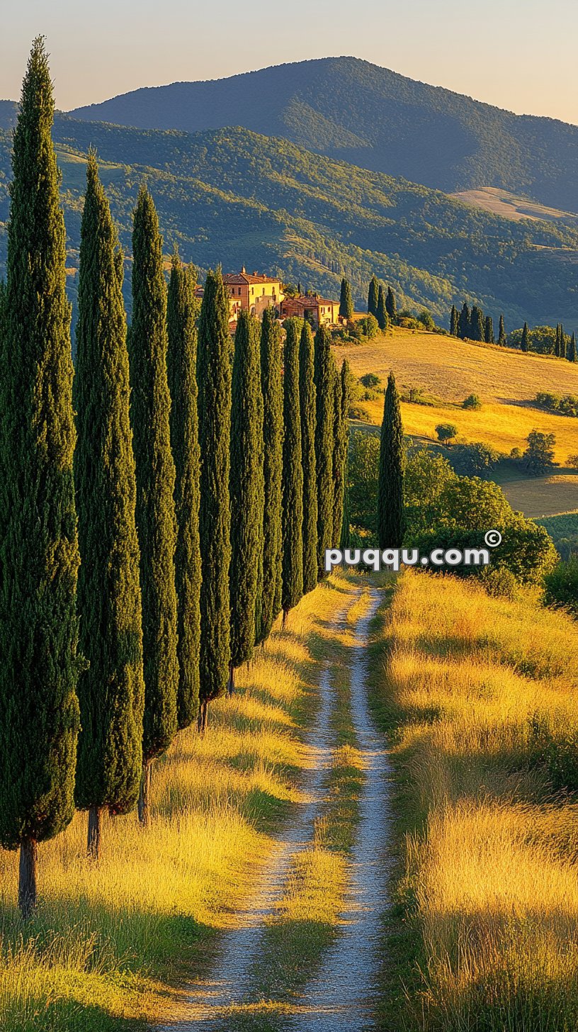 A country road lined with tall cypress trees leading to a villa in the Tuscan countryside, with rolling hills in the background.