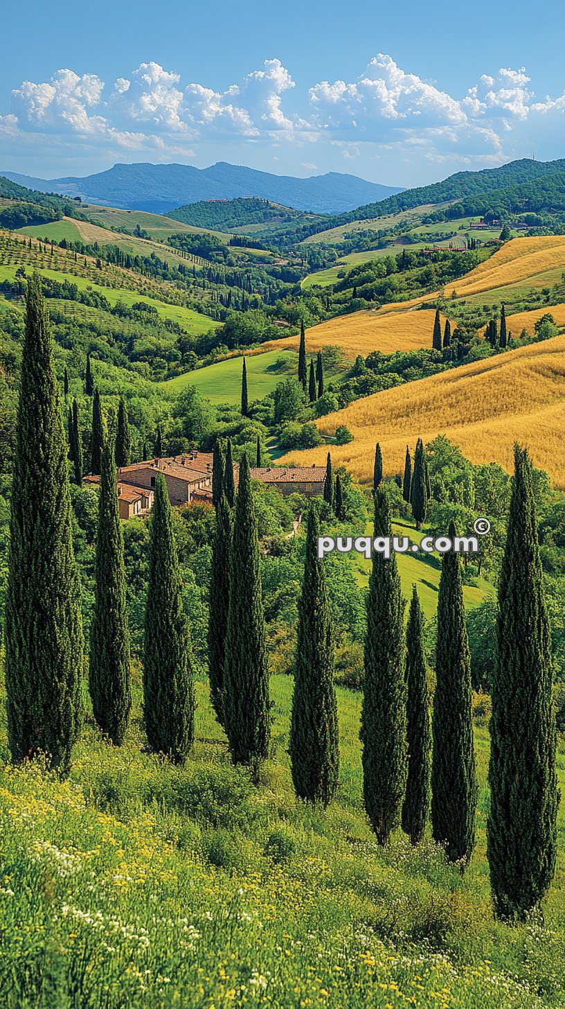 Rolling hills covered in green and golden fields, dotted with tall cypress trees, and a rustic farmhouse nestled among them under a partly cloudy sky.