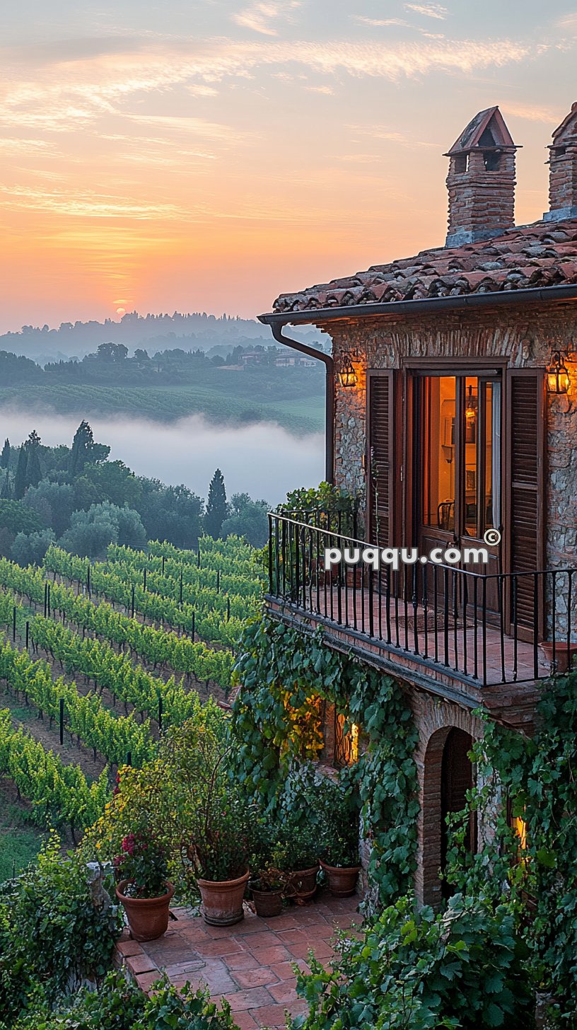 Stone house with a balcony overlooking a vineyard, with sunrise in the background and mist covering the landscape.