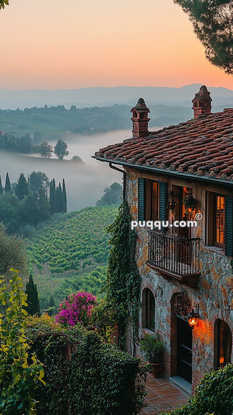 Stone house with a red tiled roof overlooking a misty vineyard and distant mountains at sunset.