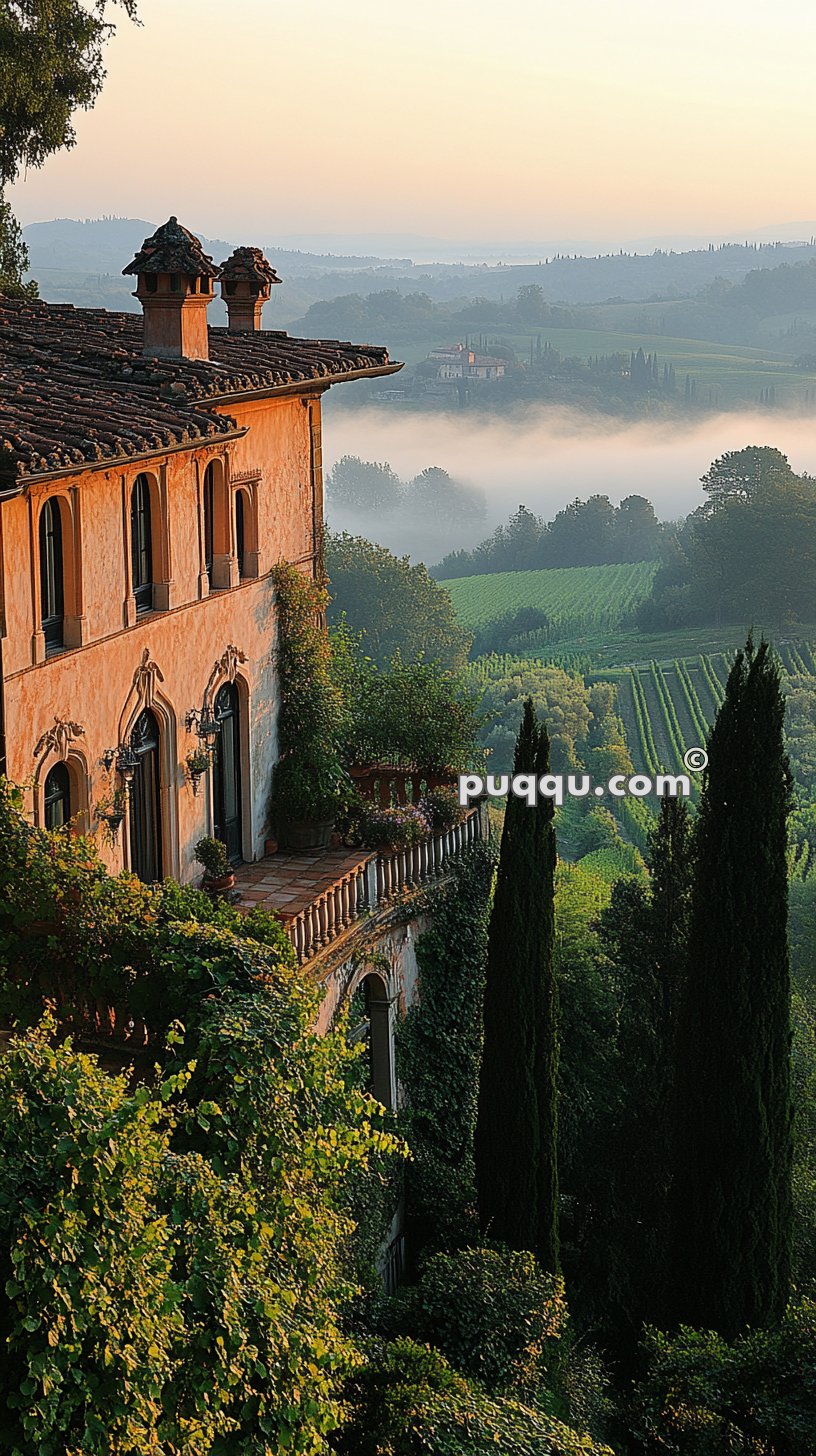 Historic villa with ivy-covered walls overlooking misty vineyards and rolling hills at sunrise.