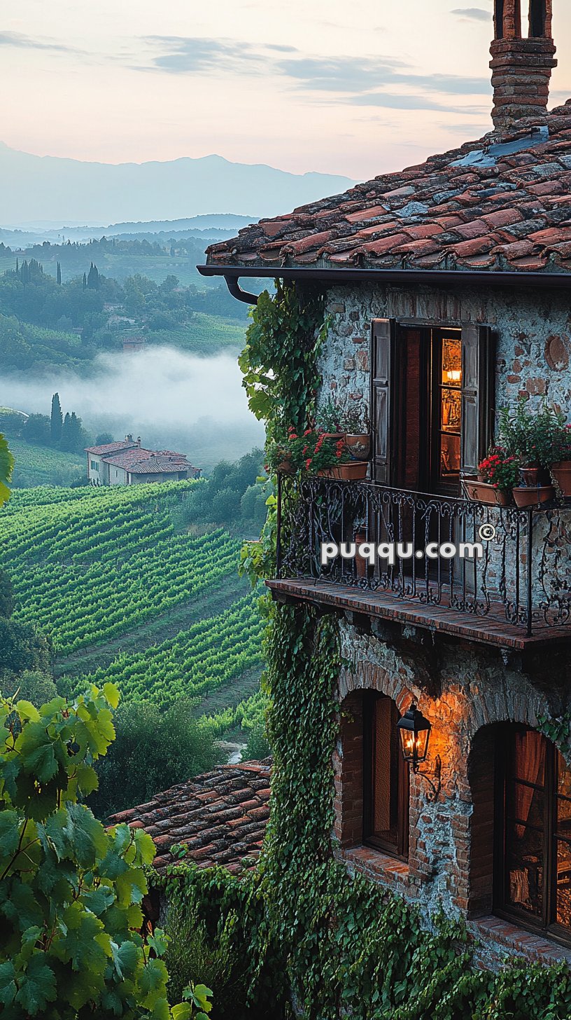 A rustic stone house with ivy-covered walls and a balcony overlooking a lush, green vineyard landscape enveloped in morning mist.