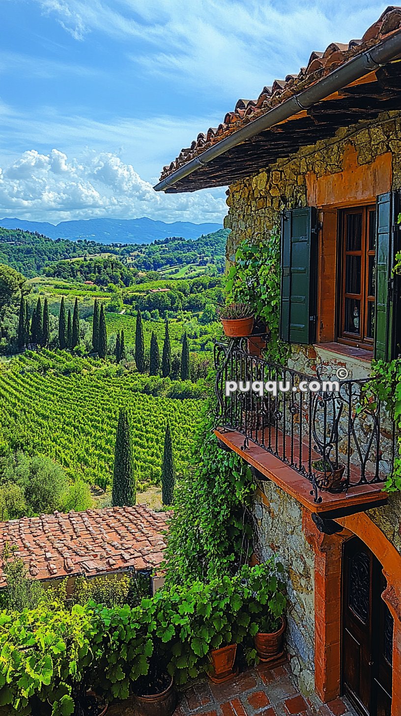 Vineyard landscape viewed from a stone house with a small balcony covered in lush green plants, featuring terracotta rooftops and cypress trees in the background under a partly cloudy blue sky.