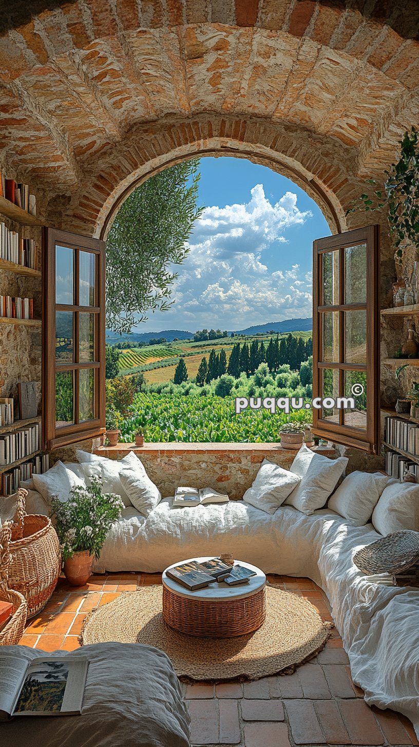 Cozy reading nook with white cushions and a round wicker coffee table under a rustic brick archway, featuring a bookshelf and large open windows offering a scenic view of lush green vineyards and rolling hills.