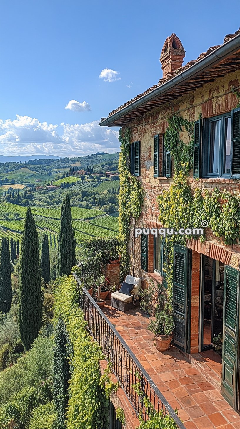 A rustic brick house with ivy-covered walls and green shutters, situated on a terrace overlooking a lush, rolling countryside landscape with rows of cypress trees and vineyards under a blue sky with white clouds.