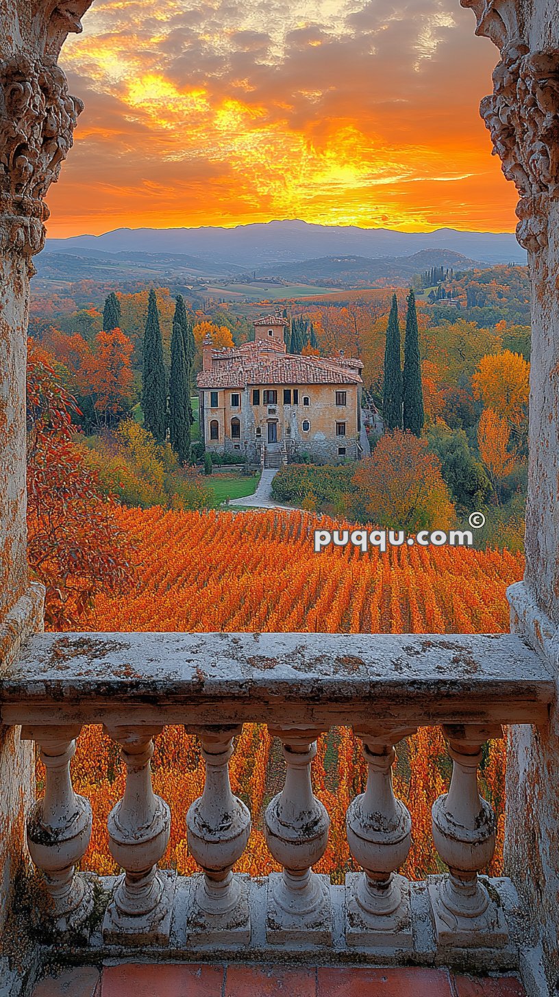 View through a stone railing of a scenic landscape featuring an old mansion surrounded by vibrant autumn foliage, with a golden sunset illuminating the sky.