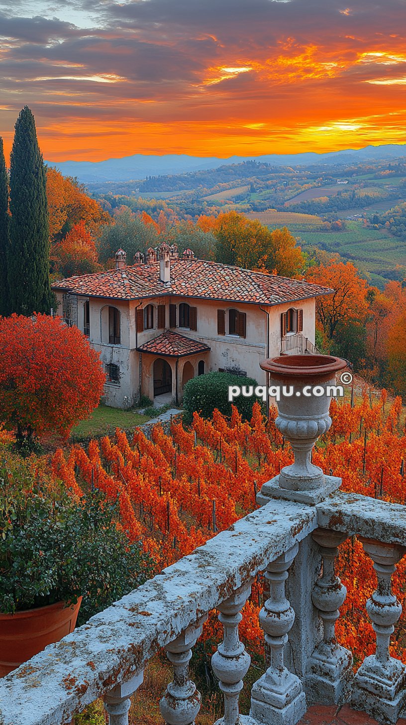 A beautiful villa with a red tiled roof surrounded by vibrant orange and red autumn foliage, situated in a rolling hilly countryside under a dramatic sunset sky.