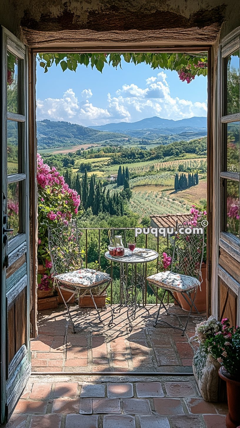 Open double doors leading to a balcony with a table and two chairs, overlooking a scenic landscape of rolling hills, vineyards, and cypress trees under a partly cloudy sky.