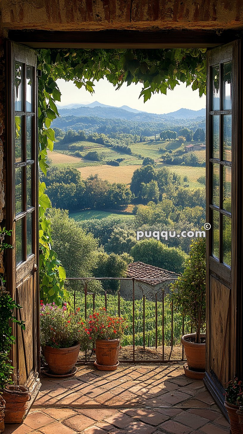 View through an open doorway onto a terrace with potted plants, overlooking a scenic landscape of rolling hills and lush greenery under a clear sky.