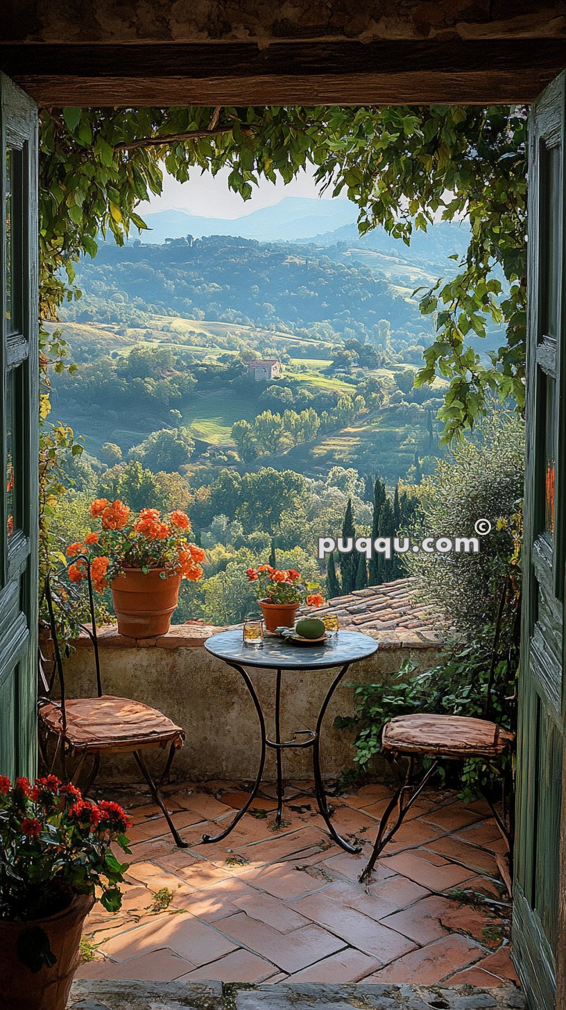 Small table and chairs with potted flowers on a patio overlooking a verdant, rolling landscape through an open doorway.