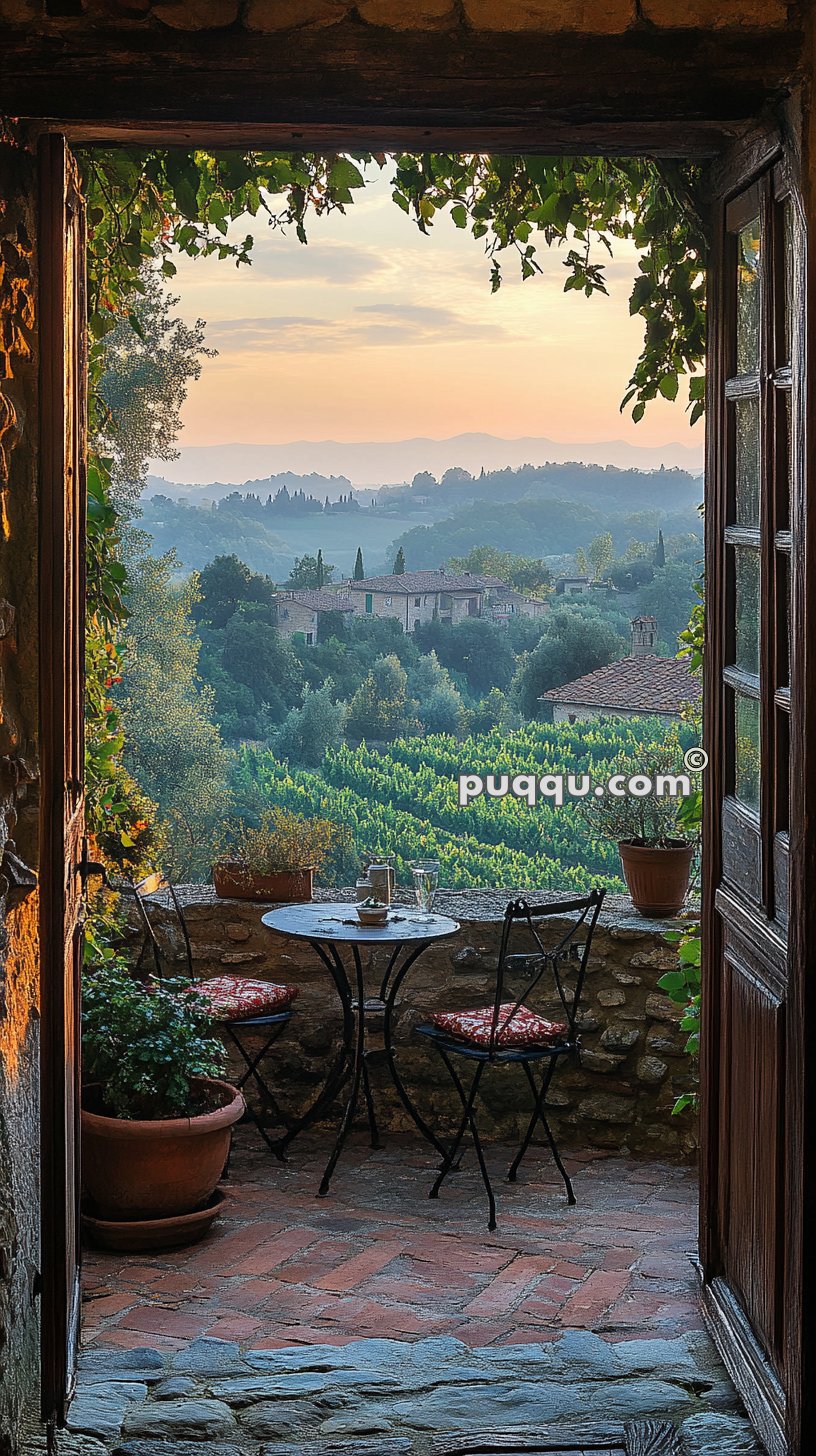 A doorway opens to a patio with a small table and two chairs, overlooking a scenic landscape of lush vineyards and distant buildings under a soft, pastel-colored sky.