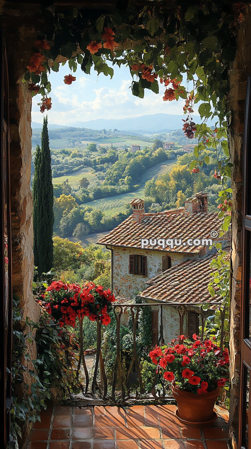 View from a stone balcony adorned with vibrant red flowers, overlooking a rustic house with a terracotta roof and lush green hills in the distance.