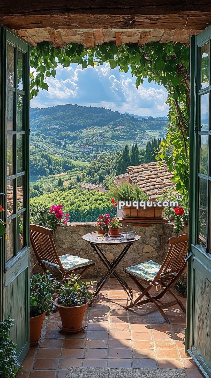 A charming terrace with a small table and two wooden chairs, adorned with potted plants and flowers, overlooking a picturesque landscape of rolling hills and scattered houses under a partly cloudy sky.