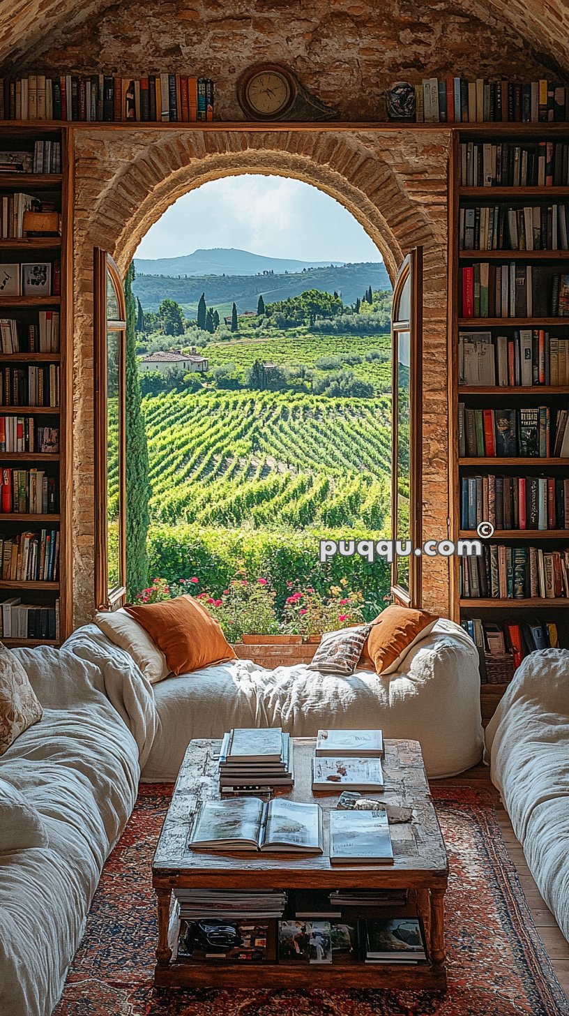 Cozy room with a large arched window, offering a scenic view of a lush vineyard. The room features white sofas with orange cushions, a wooden coffee table with books, and shelves filled with books on both sides.