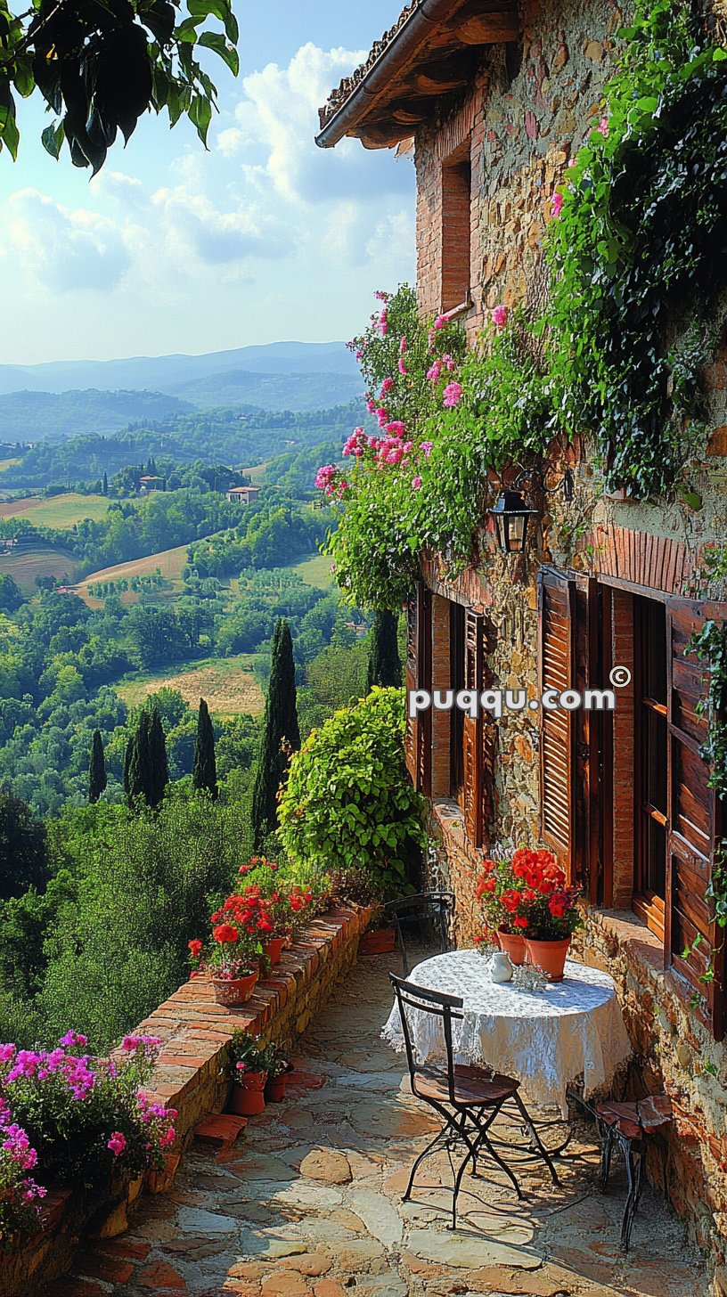 Stone patio with a small round table and chairs, adorned with potted flowers, overlooking a scenic countryside with rolling hills and cypress trees.