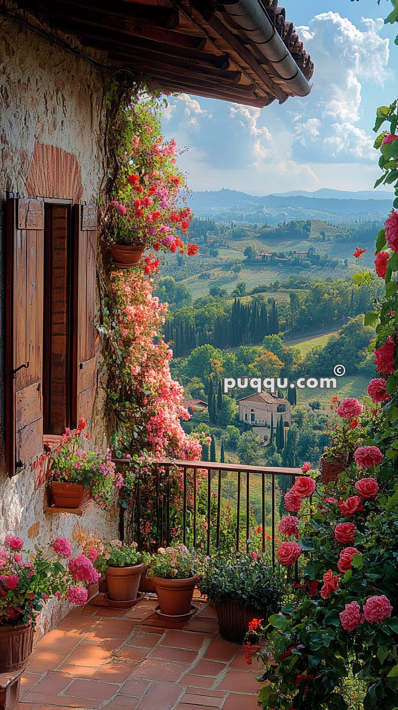 Flower-covered balcony with terracotta tiles overlooking a picturesque landscape of rolling hills and a distant building on a sunny day.