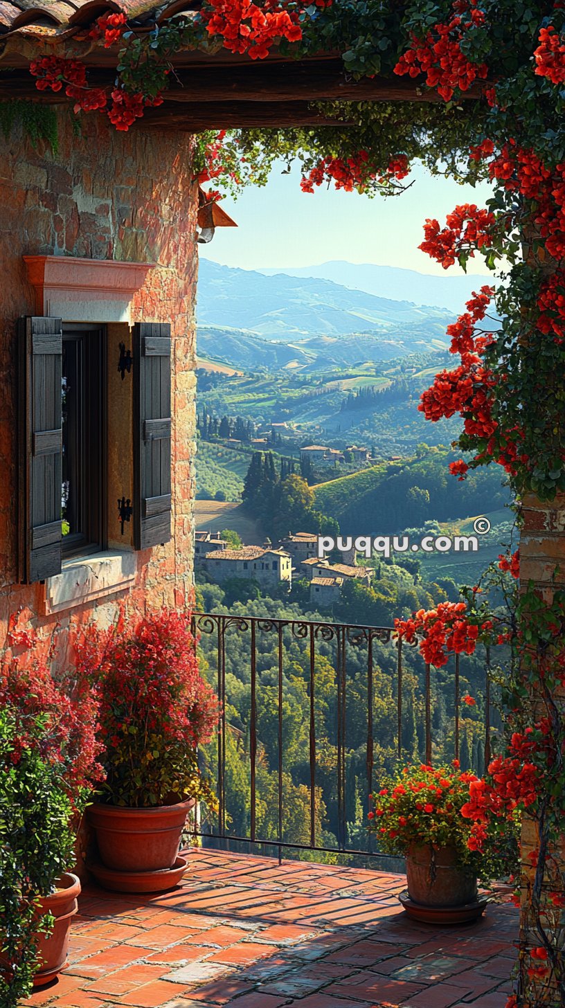 Brick terrace with potted red flowers and panoramic view of rolling hills and distant buildings under a bright sky.