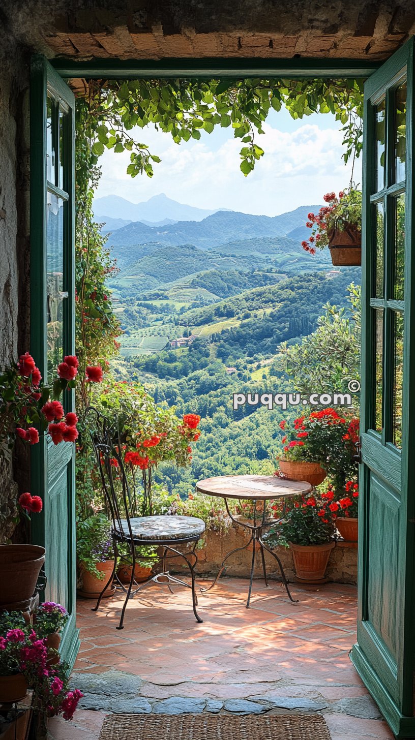 Open green doors leading to a balcony with a table and chair, surrounded by potted red flowers, overlooking a scenic view of lush green hills and mountains.