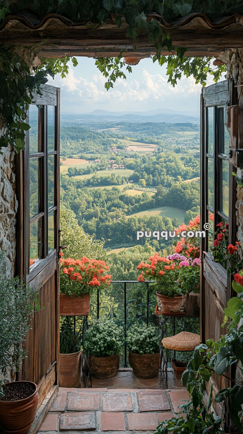 An open wooden door leads to a small balcony adorned with potted flowers and plants, offering a panoramic view of a lush, green valley with rolling hills under a partly cloudy sky.