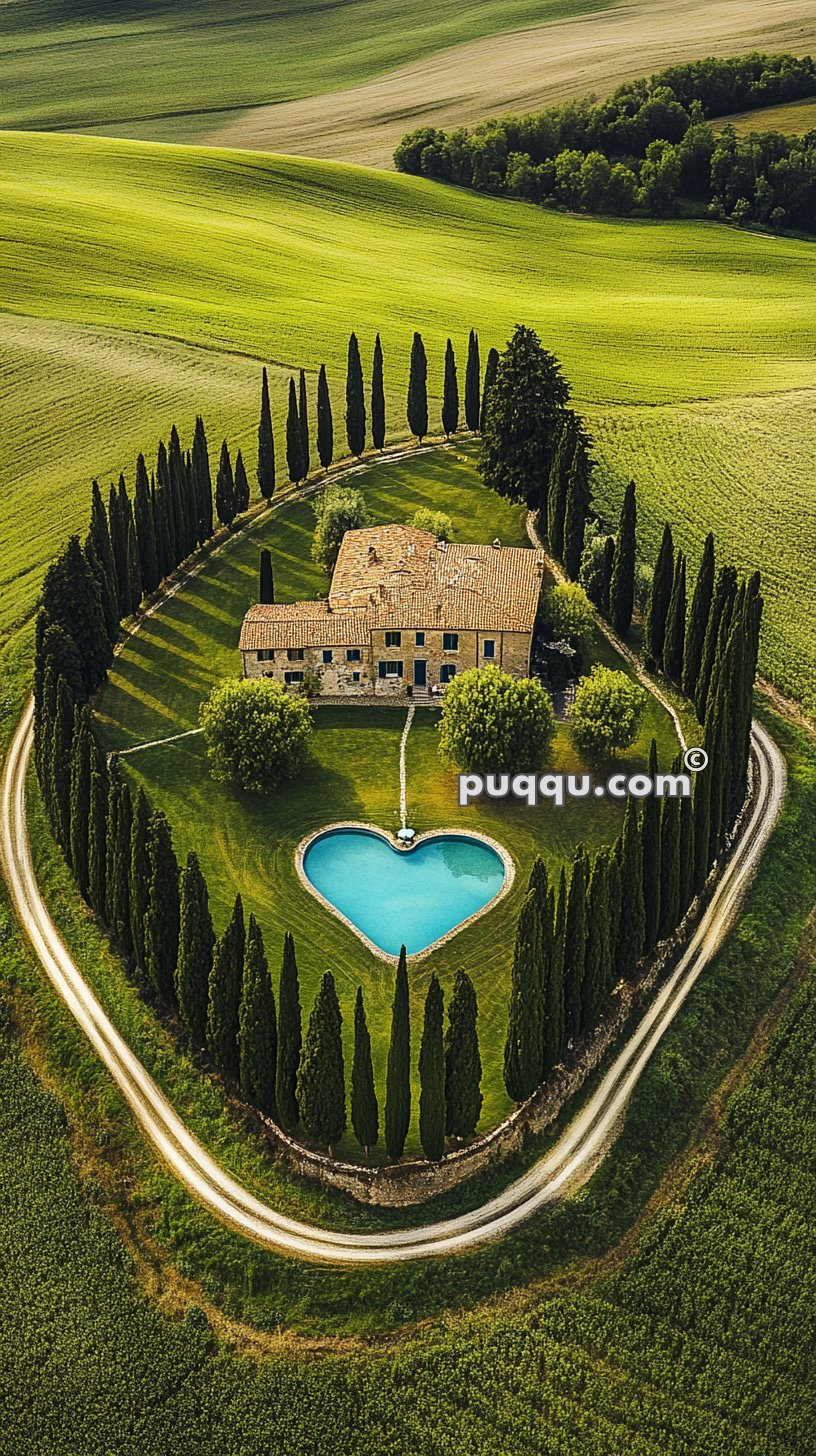 Aerial view of a rustic villa surrounded by tall cypress trees, with a heart-shaped pool in front, amidst rolling green fields.