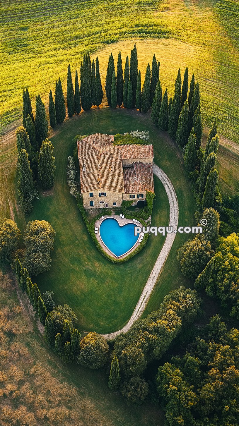 Aerial view of a rustic house with a tiled roof surrounded by a circular driveway and cypress trees, featuring a heart-shaped swimming pool in a grassy area.