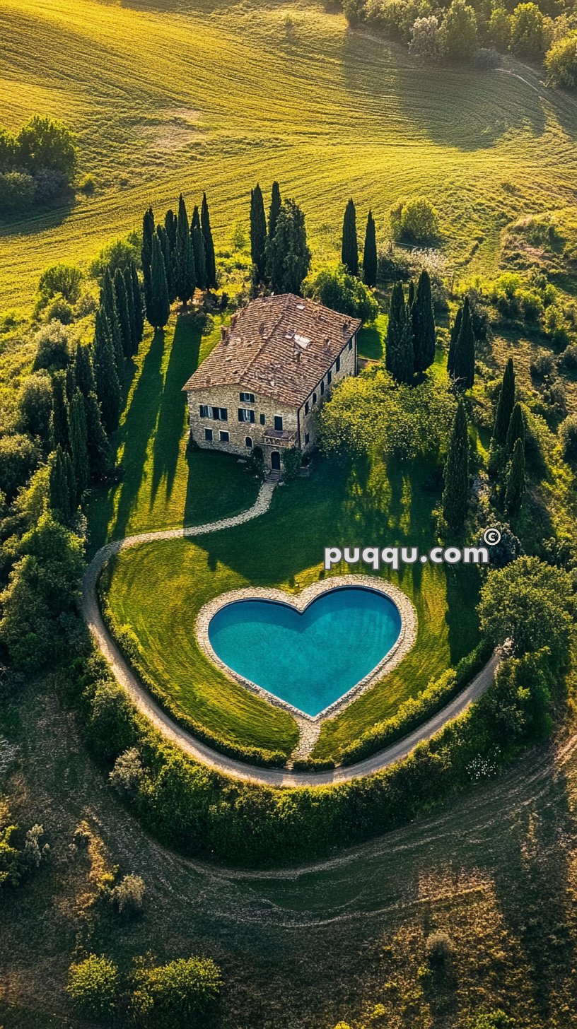 Aerial view of a rustic house surrounded by trees in a field with a heart-shaped swimming pool in the front yard.