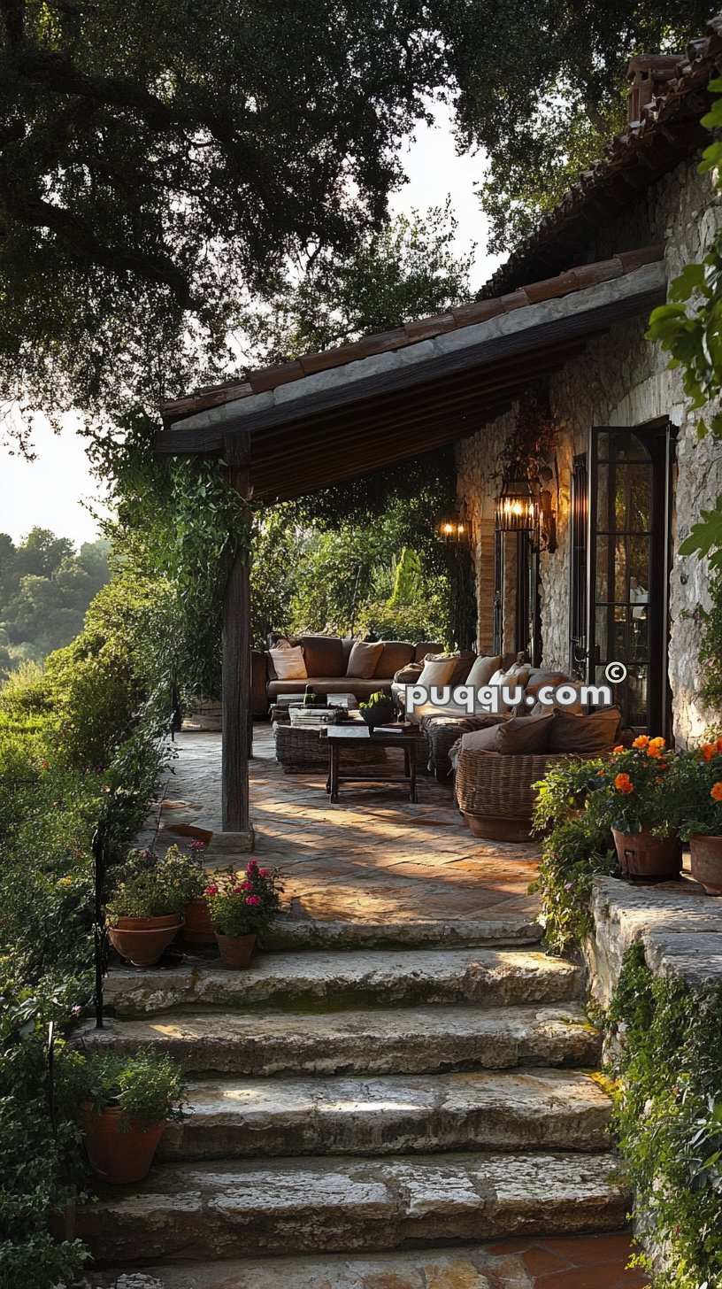 Rustic stone patio with comfortable seating, surrounded by greenery and terracotta potted plants, leading to a cozy outdoor seating area covered with a tiled roof.