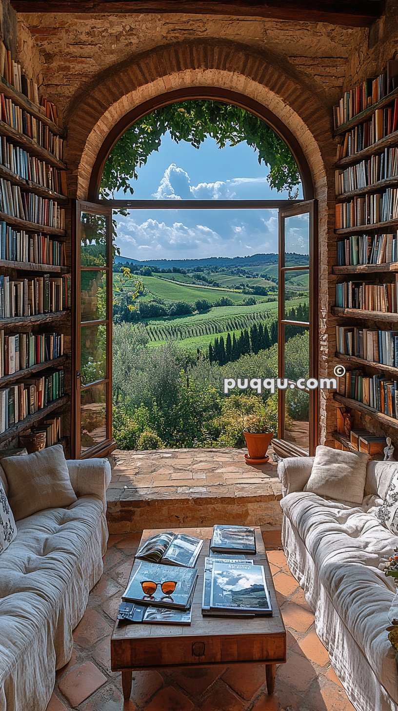 Cozy reading nook with bookshelves, a wooden table with magazines and sunglasses, and sofas, offering a view of lush green fields through a large arched window.