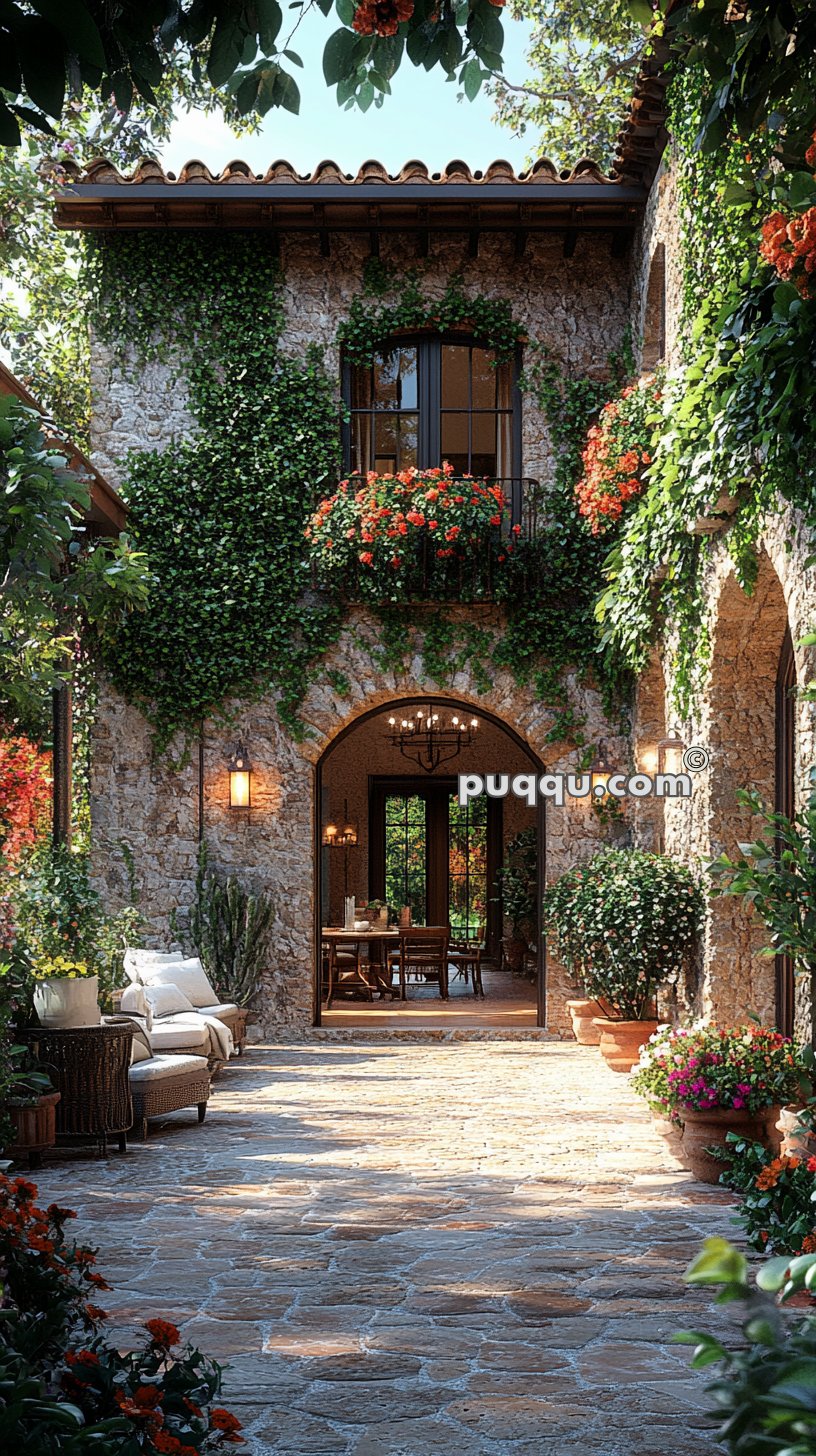 Stone courtyard with lush greenery and flowers, leading to an arched doorway revealing a dining room, rustic aesthetics, and outdoor seating.