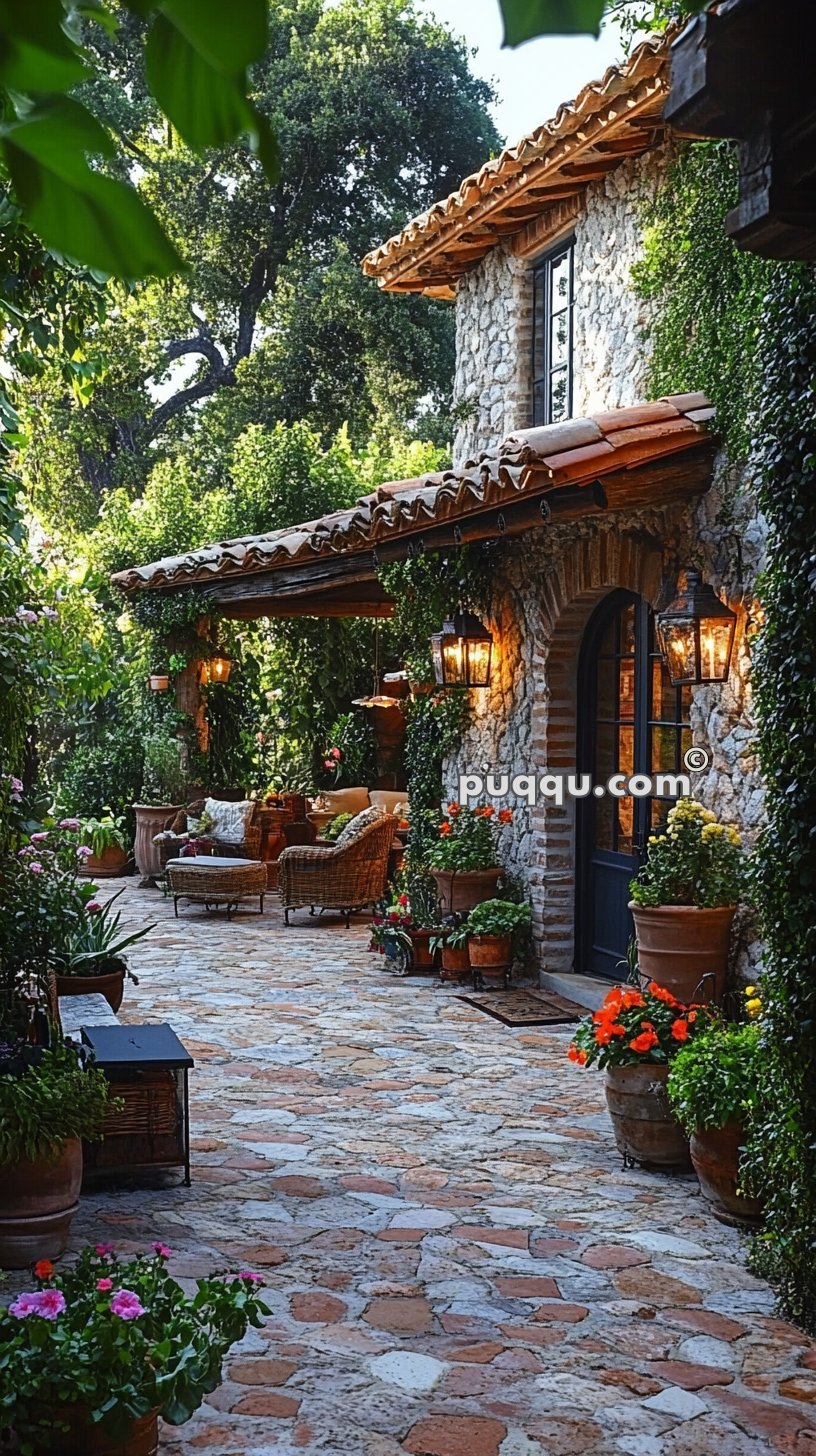 Stone patio with potted plants, wicker furniture, and an ivy-covered stone house with a wooden, tiled roof.