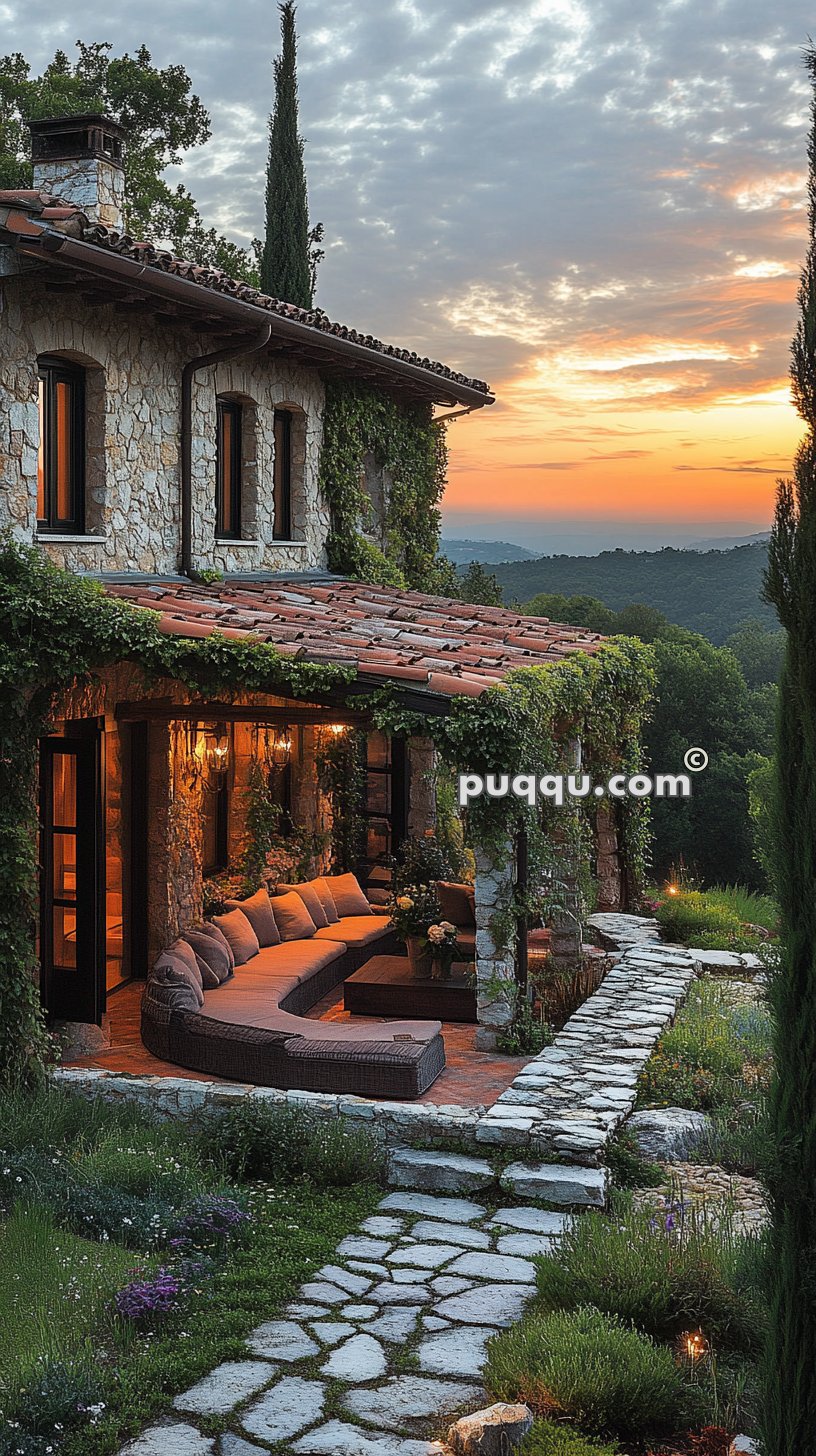 Stone house with ivy-covered walls and a tiled roof, featuring a cozy outdoor seating area on a stone terrace, surrounded by lush greenery and overlooking a scenic sunset.