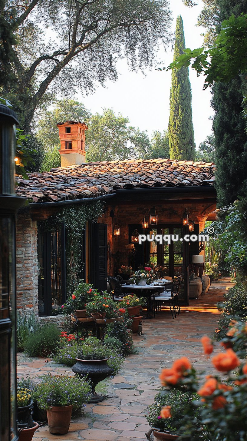 Cozy outdoor patio area with terracotta tiled flooring, surrounded by lush greenery and potted plants, featuring a rustic stone house with a tiled roof and hanging lanterns.