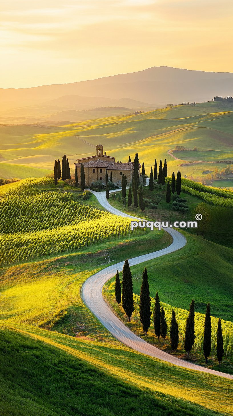 A winding road leads through a vibrant green landscape to a rustic building surrounded by cypress trees, against a backdrop of softly rolling hills and a golden sunset.