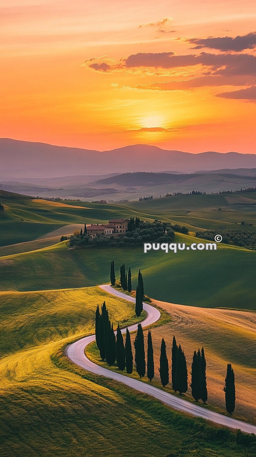 A winding road lined with trees leads to a villa on a hill surrounded by rolling green fields under a vibrant orange and pink sunset sky.