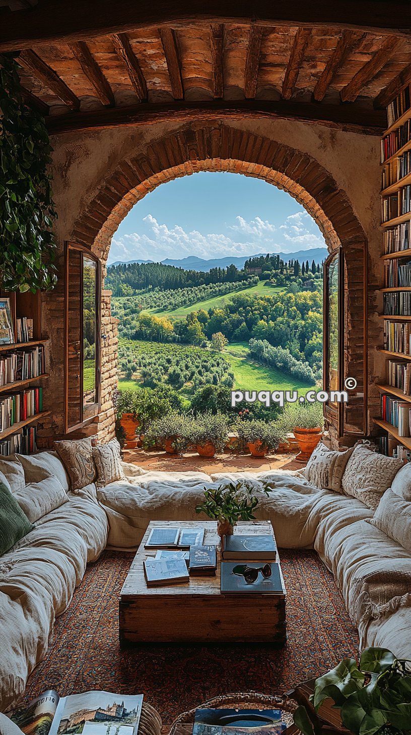 Cozy reading nook with a large cushioned sofa, wooden coffee table, and bookshelves, framed by an arched stone window overlooking a lush, rolling countryside landscape.