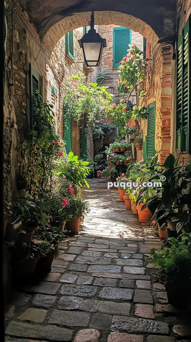 Narrow cobblestone alley lined with potted plants, green shuttered windows, and an overhead lantern, leading to a sunlit courtyard filled with greenery and flowers.