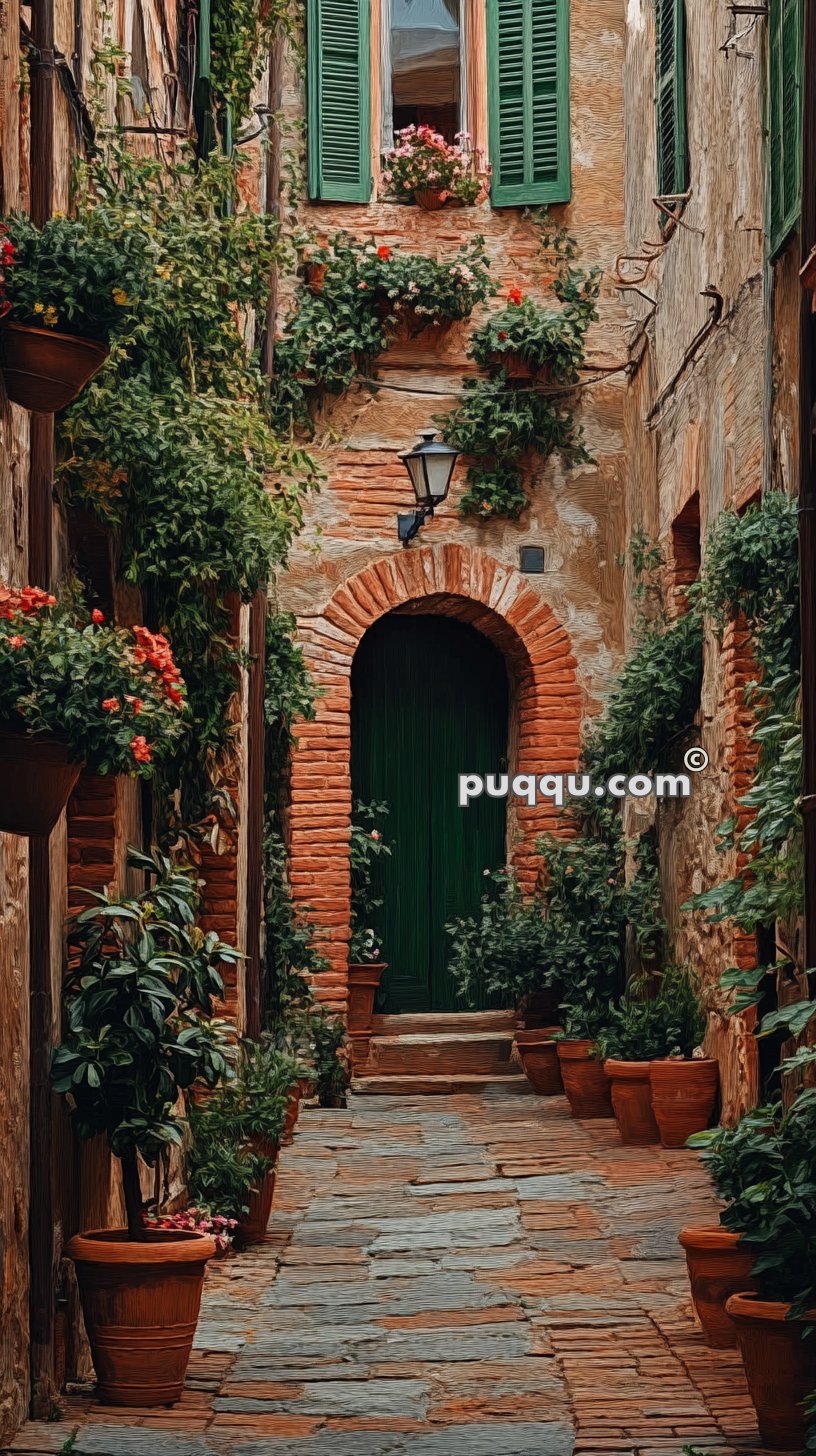 Narrow cobblestone alley with potted plants and flowers, surrounded by brick buildings with green shutters.