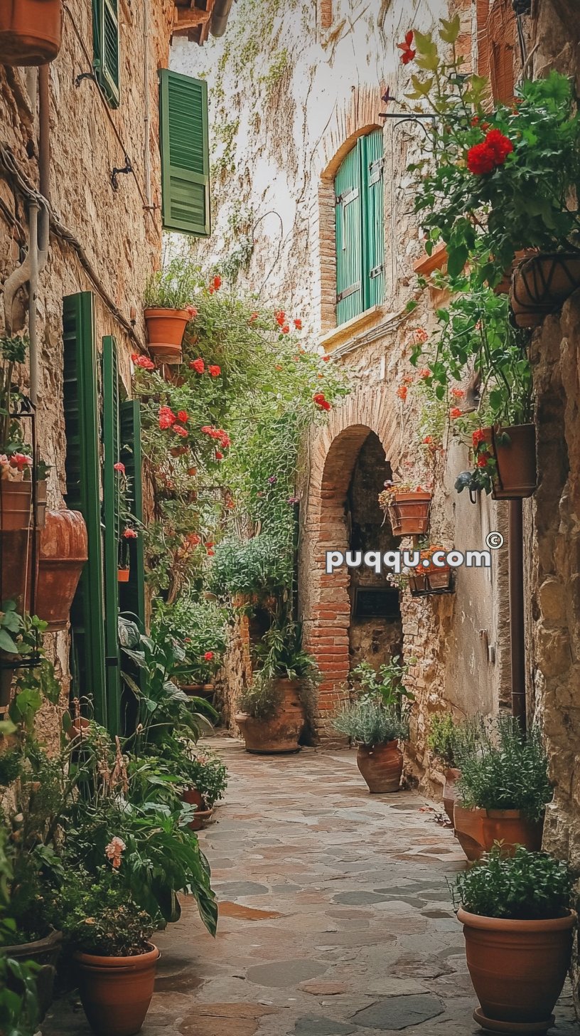 Narrow cobblestone alleyway lined with vibrant potted plants and flowers, green shuttered windows, and rustic brick archways.