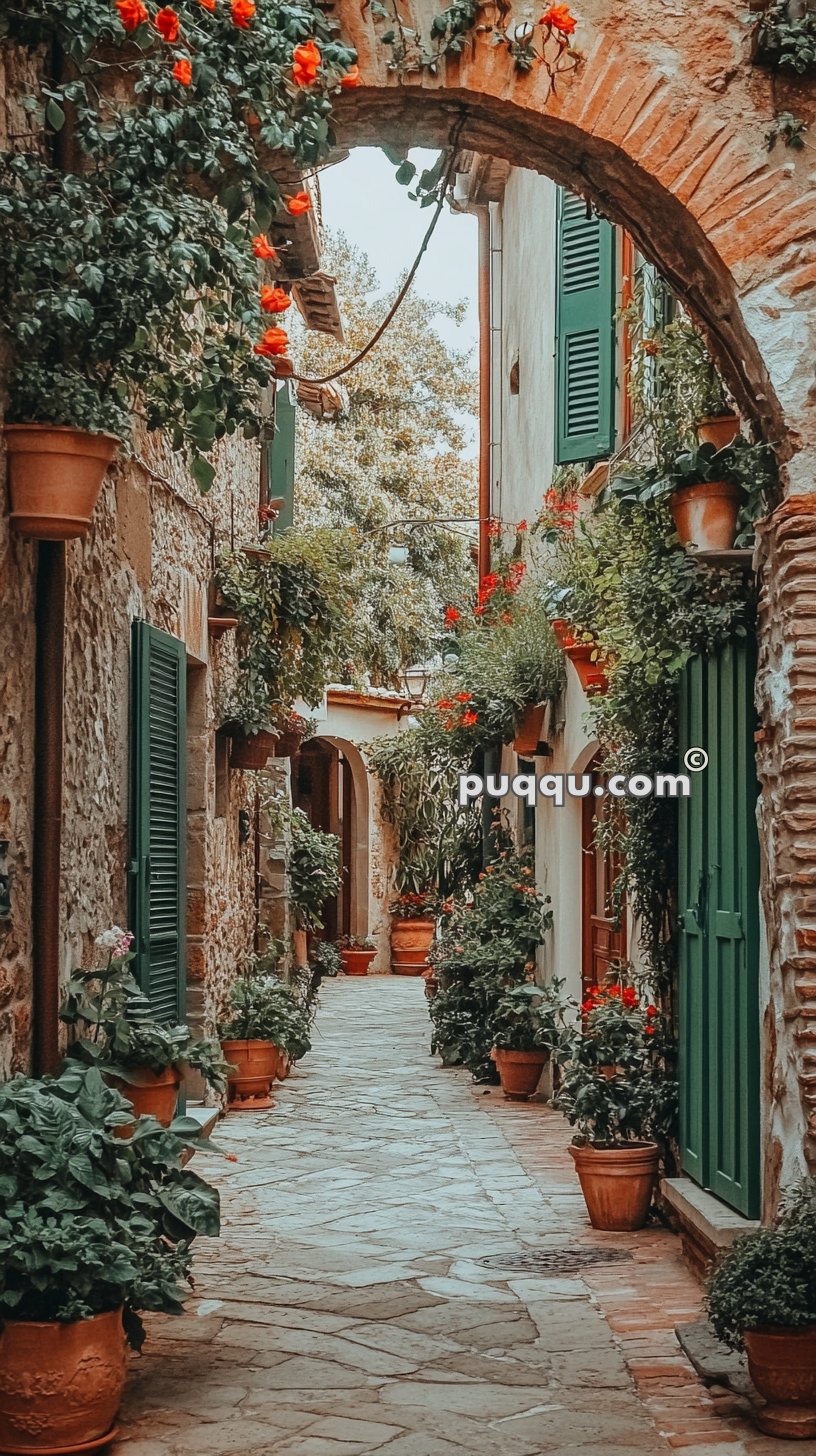 Narrow stone-paved alleyway with multiple potted plants and red flowers, green shutters on windows, and a brick arch overhead.