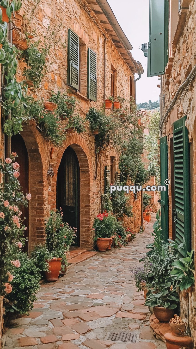 Narrow stone alleyway lined with potted plants and flowers, bordered by rustic brick buildings with green shutters and archways.